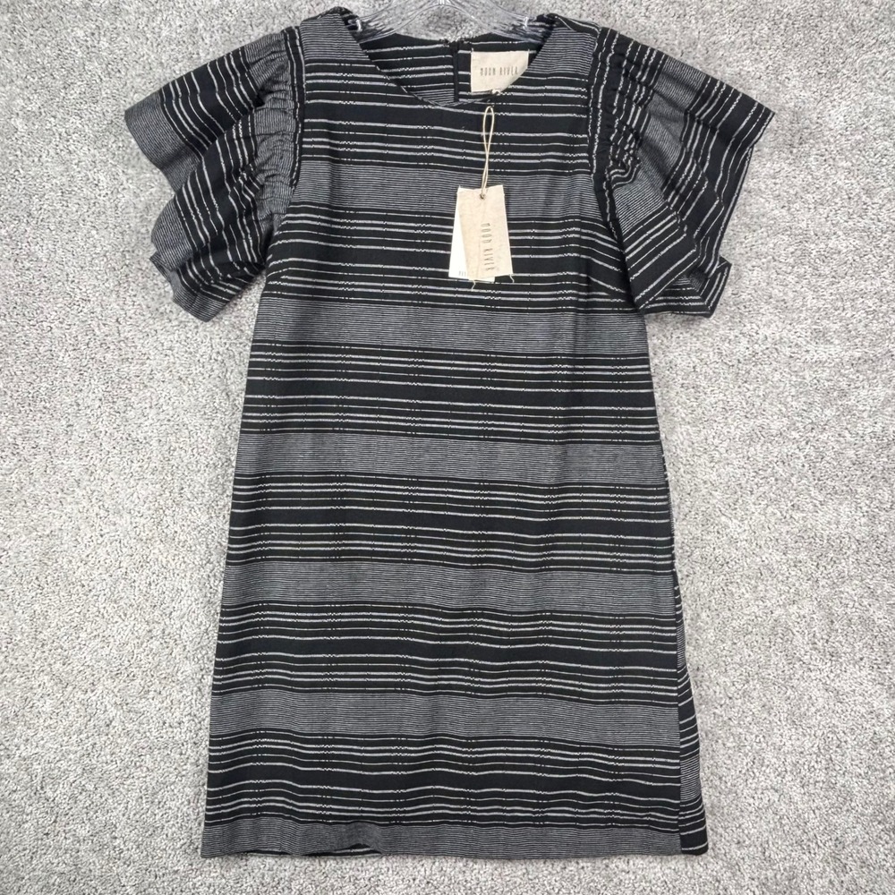 Moon River Black White Striped Ruffle Sleeve Shift Dress XS New With Tags